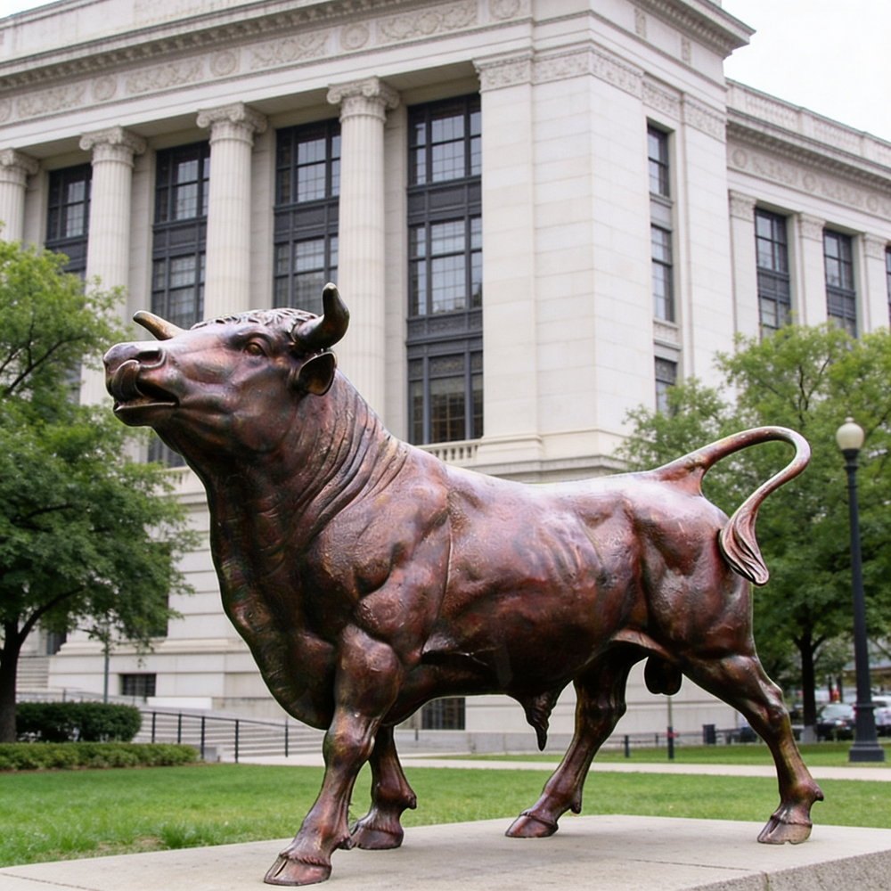 Bronze bull statue in front of a large building with columns