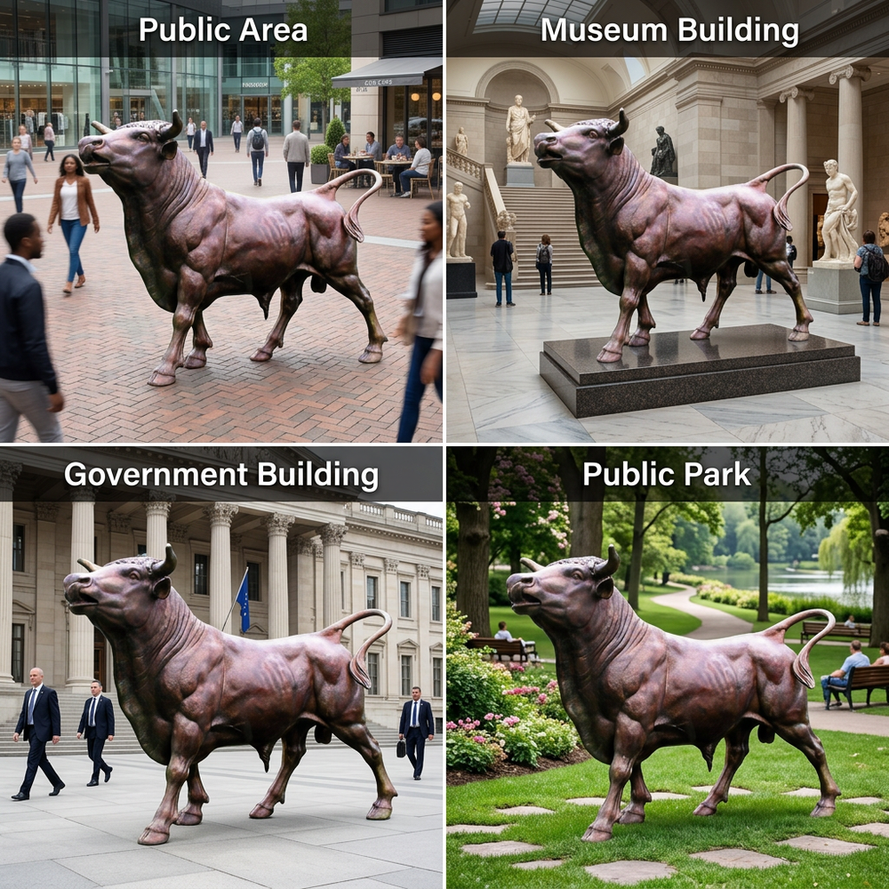 Four different locations with a bull statue in each: Public Area, Museum Building, Government Building, and Public Park.
Modern home décor and statement interior design