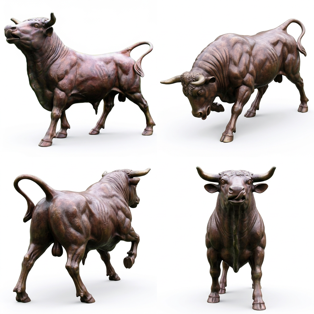 Four bronze bull statues on a white background