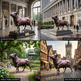 Collage of a bronze bull statue in different locations: museum atrium, government plaza, public park gardens, and historical plaza.