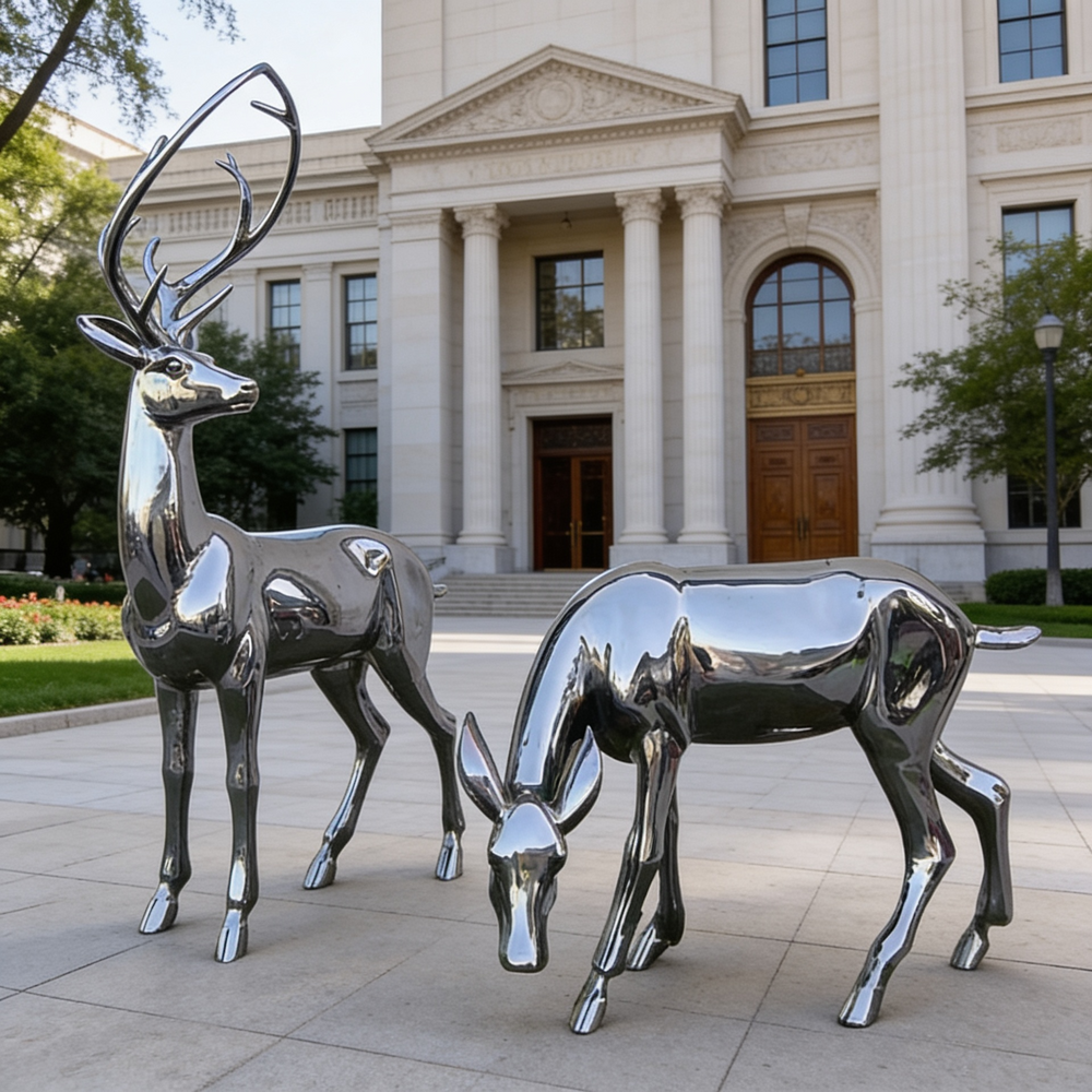 Chrome deer sculptures in front of a large building with columns
Chrome‑finish stag and doe sculptures with sleek contemporary design