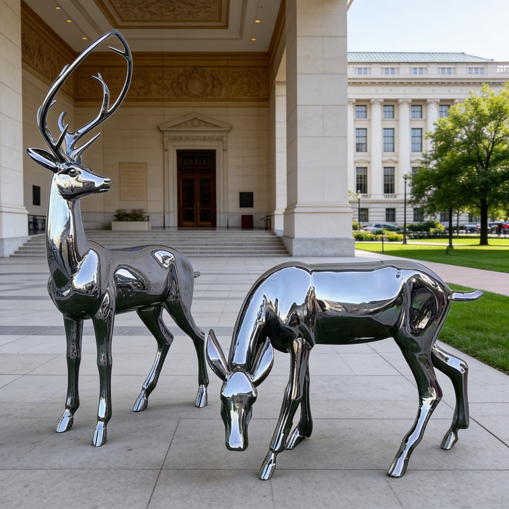 Chrome deer sculptures in front of a large building
Shiny metal deer artwork showing a tall antlered stag and grazing deer