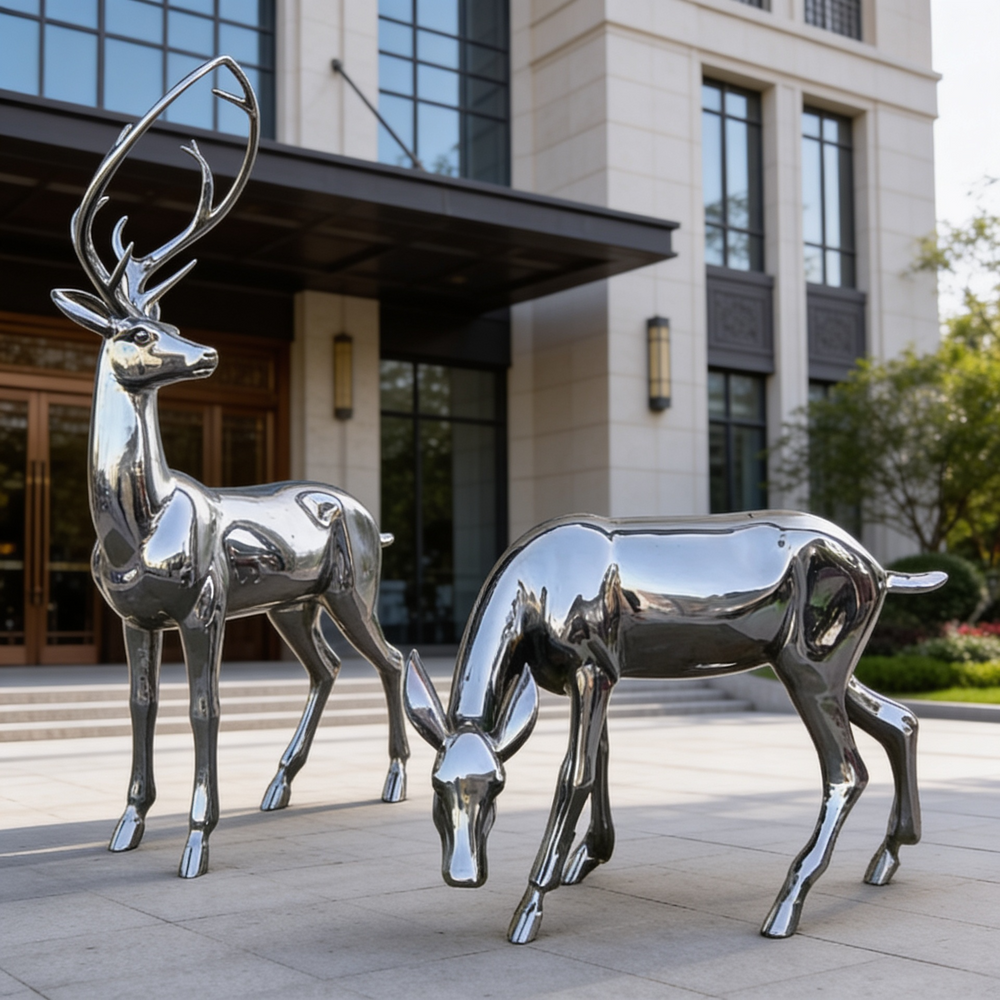 Two metallic deer sculptures in front of a building
Chrome animal sculptures depicting a standing deer and a grazing companion.