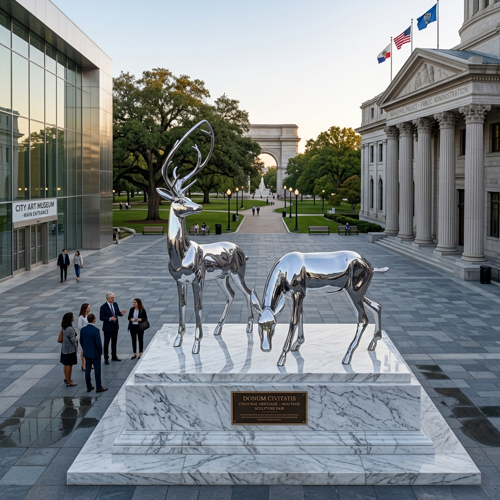 Silver deer statues on a marble platform in front of a museum building with people observing.
Polished metallic deer figures with elegant contours and mirror‑like finish