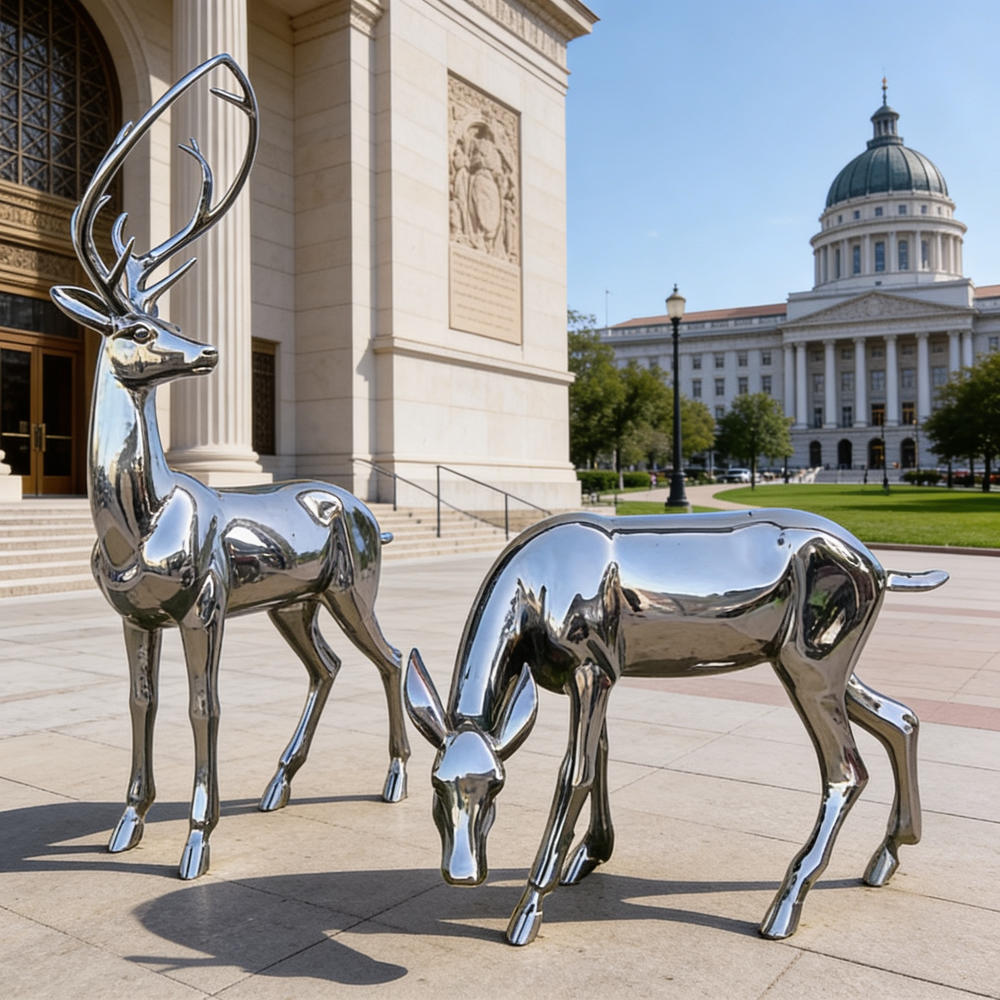 Metallic deer sculptures in front of a large building with a dome.
Contemporary chrome deer statues featuring a stag with antlers and a grazing doe