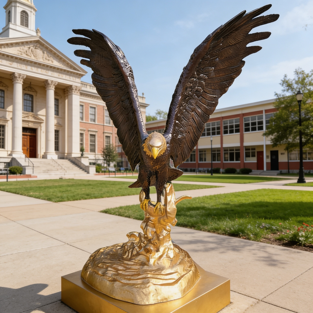 Powerful bronze eagle figure with wings stretched wide, standing on a bright gold pedestal