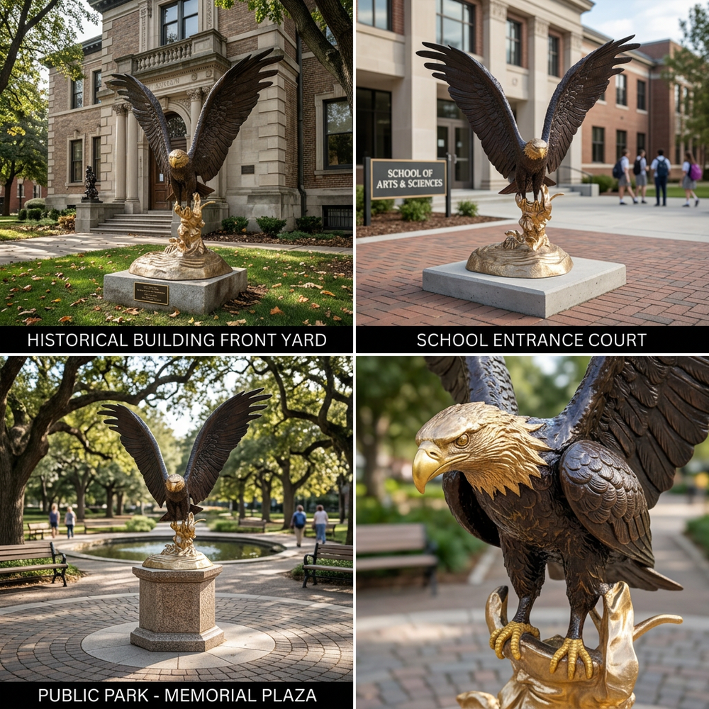 Bronze eagle artwork featuring extended wings, golden talons, and a textured gold foundation