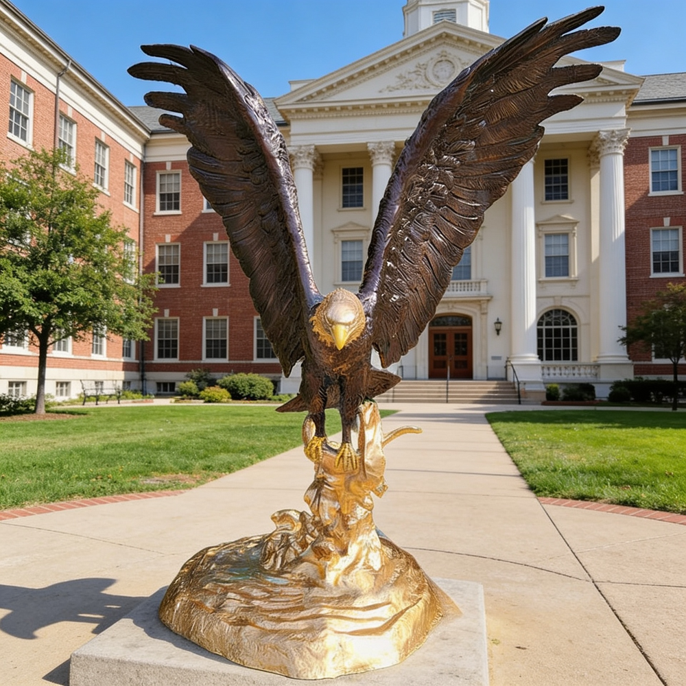 Sculpted bronze eagle in mid‑flight pose with detailed wings and golden terrain base