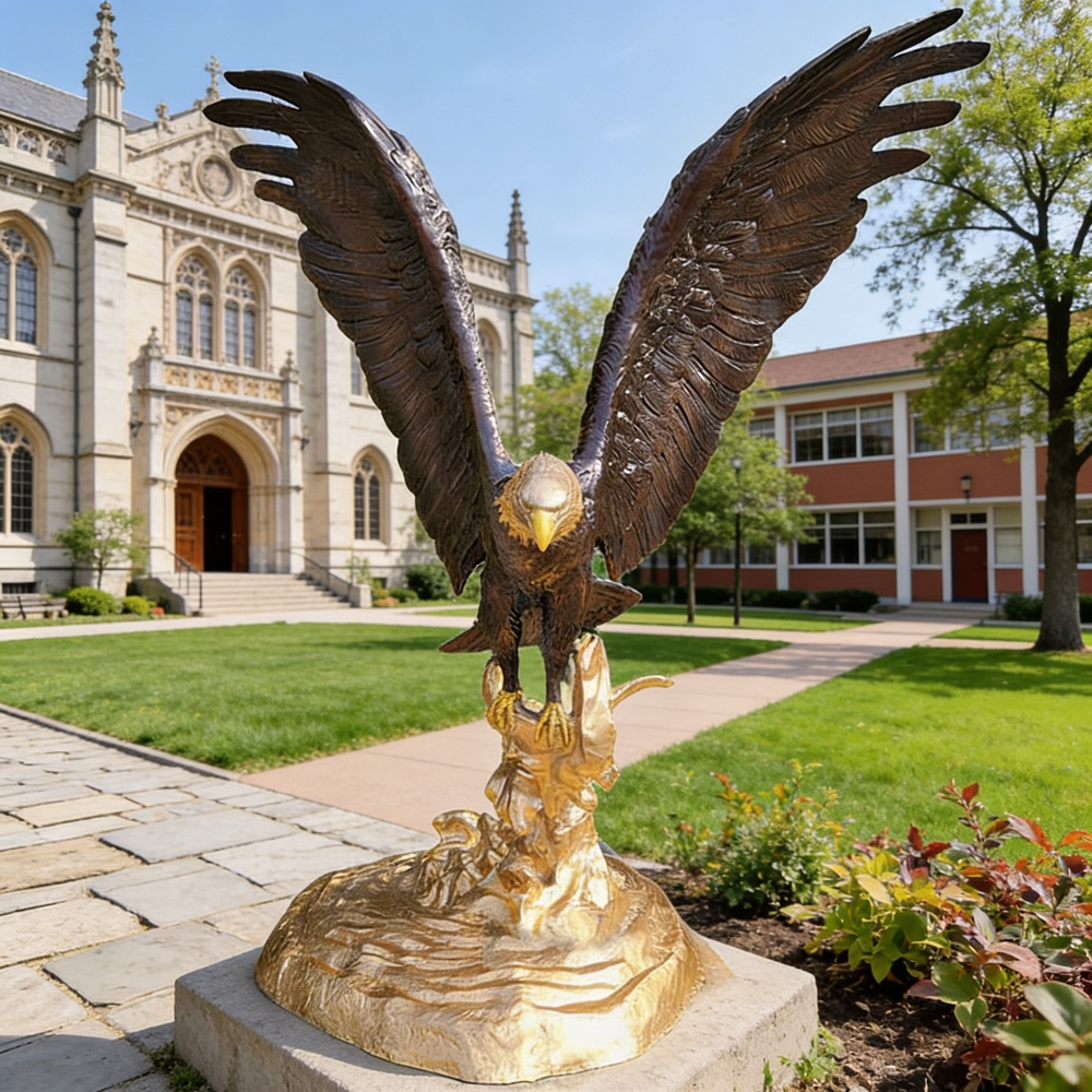 Majestic bronze eagle with fully spread wings and detailed feathers perched on a gold base.