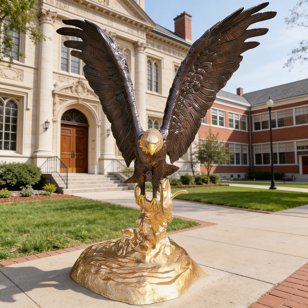 Realistic bronze eagle sculpture with spread wings and a contrasting gold base