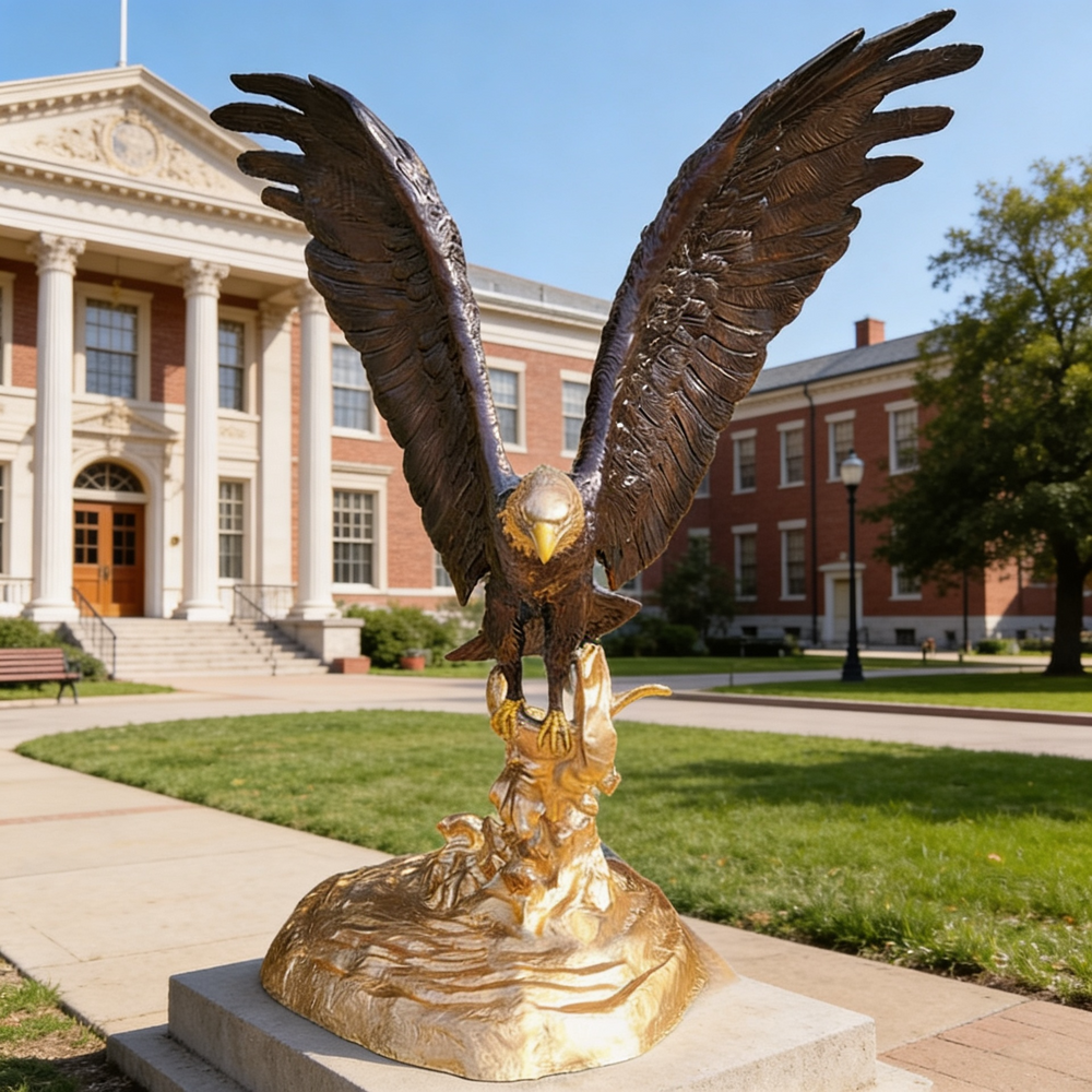 Bronze eagle statue capturing motion and strength, displayed on a polished golden base