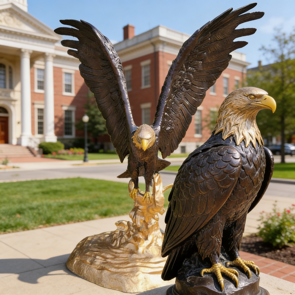 Bronze eagle statue capturing motion and strength, displayed on a polished golden base
