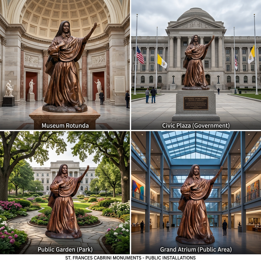 Collage of a bronze statue in various public locations including Museum Rotunda, Civic Plaza, Public Garden, and Grand Atrium.
Bronze figure of a saint standing on a textured circular base