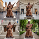 Collage of a bronze statue in various settings including a city square, museum interior, and park.
Polished bronze depiction of Mother Cabrini in traditional attire