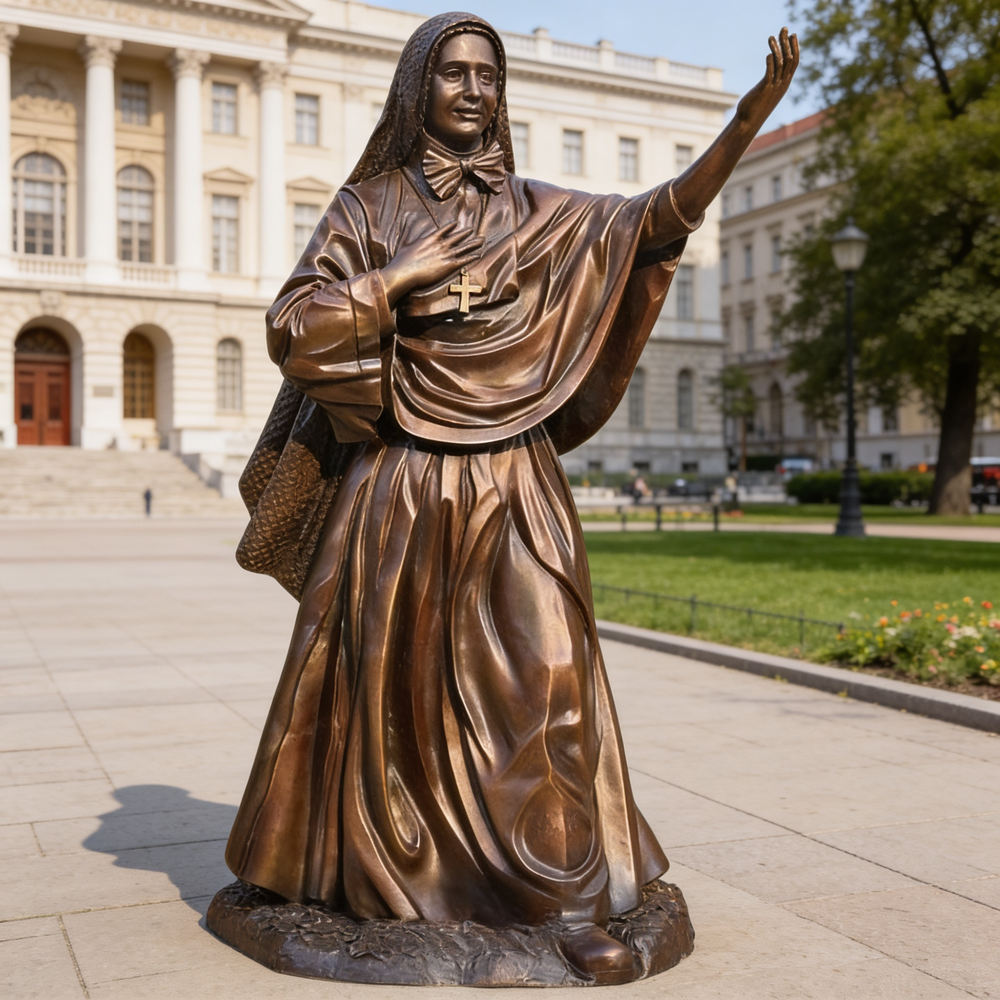 Bronze statue of a religious figure in front of a building
Detailed bronze sculpture of Mother Cabrini in a graceful, blessing‑like pose