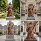 Collage of a bronze statue in various settings including outdoors, indoors, and in front of a building.
