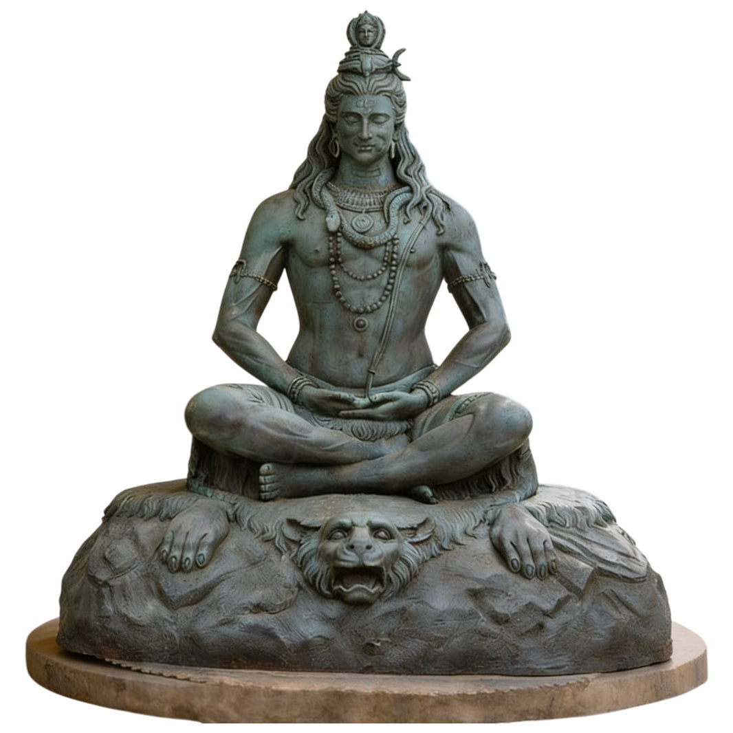Bronze statue of a seated figure on a lion with intricate details
Bronze meditative Shiva statue seated cross‑legged on a lion‑face pedestal