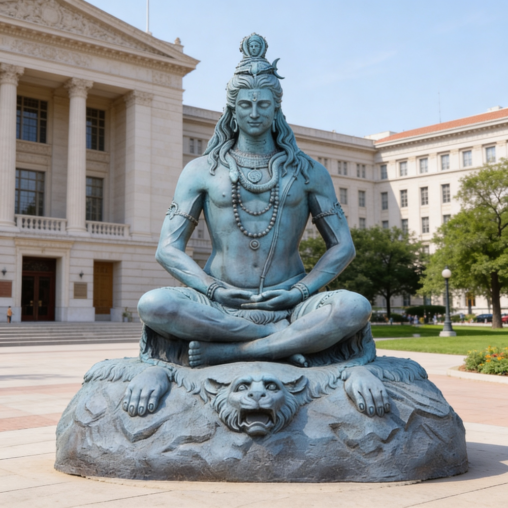 Statue of a seated figure with a lion at its feet in front of a building
Detailed bronze sculpture of Lord Shiva in a calm meditation pose