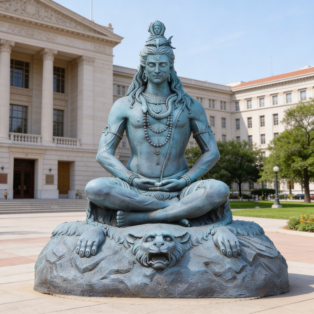 Statue of a seated figure with a lion at its feet in front of a building
Detailed bronze sculpture of Lord Shiva in a calm meditation pose