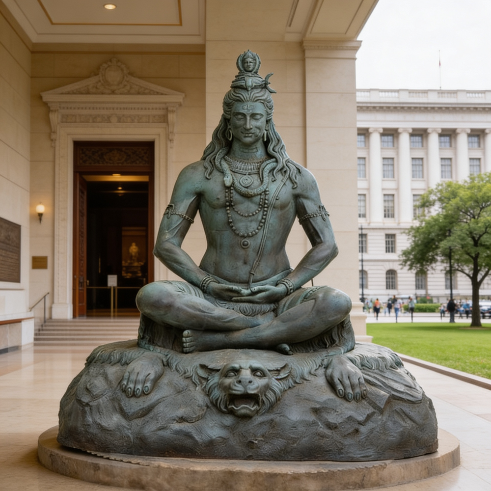 Bronze statue of a seated figure on a pedestal in front of a building
Metal Shiva statue with traditional adornments and serene expression