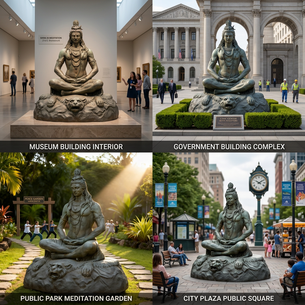 Collage of a statue in different settings: museum interior, government building complex, public park meditation garden, and city plaza public square.
Sculpture of Shiva in a cross‑legged pose with detailed jewelry and topknot