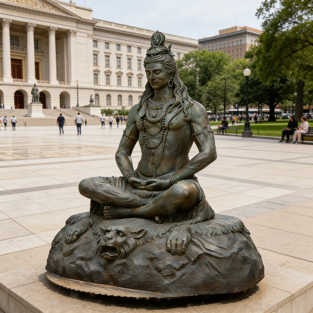 Bronze statue of a seated figure in front of a large building with columns
Bronze Hindu deity statue featuring Shiva in a peaceful meditative posture