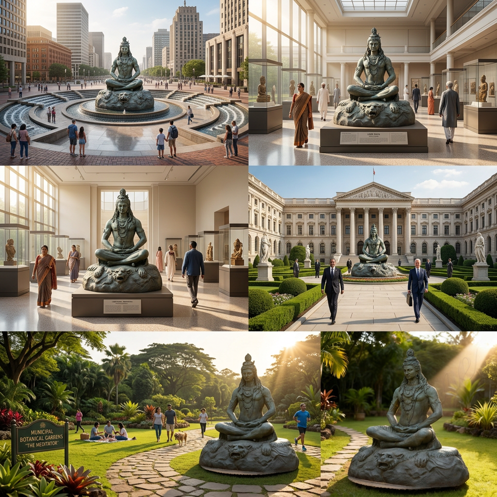 Collage of a large statue in various settings including a cityscape, museum, garden, and park.
Meditative Shiva figure crafted in bronze with intricate detailing