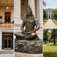 Collage of a statue, interior hallway, and park with trees.
Bronze sculpture of Lord Shiva seated on a carved lion‑base platform