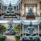 Collage of a large bronze statue in various settings including indoors, outdoors, and in front of a building.
Realistic bronze statue of Shiva in traditional meditative form.