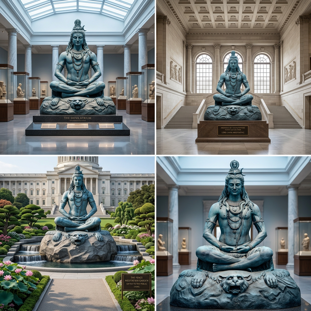 Collage of a large bronze statue in various settings including indoors, outdoors, and in front of a building.
Realistic bronze statue of Shiva in traditional meditative form.