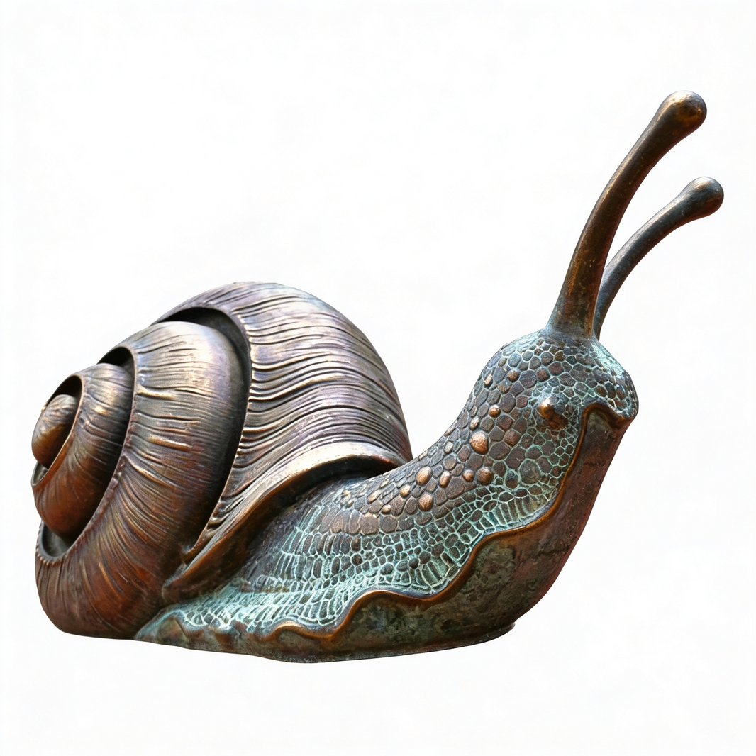 Bronze snail sculpture on a white background
Bronze snail sculpture with textured shell and patina finish