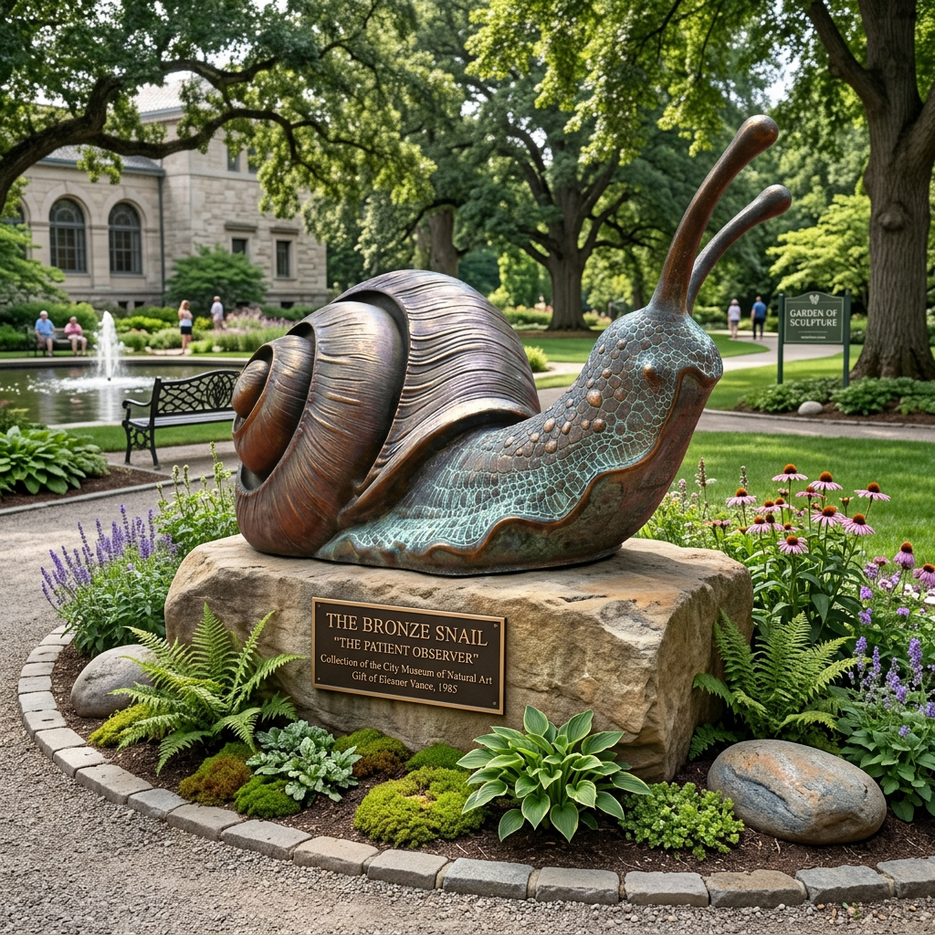 Bronze snail sculpture on a stone base in a park setting with people and buildings in the background.
Detailed metal snail statue featuring coiled shell and patterned body