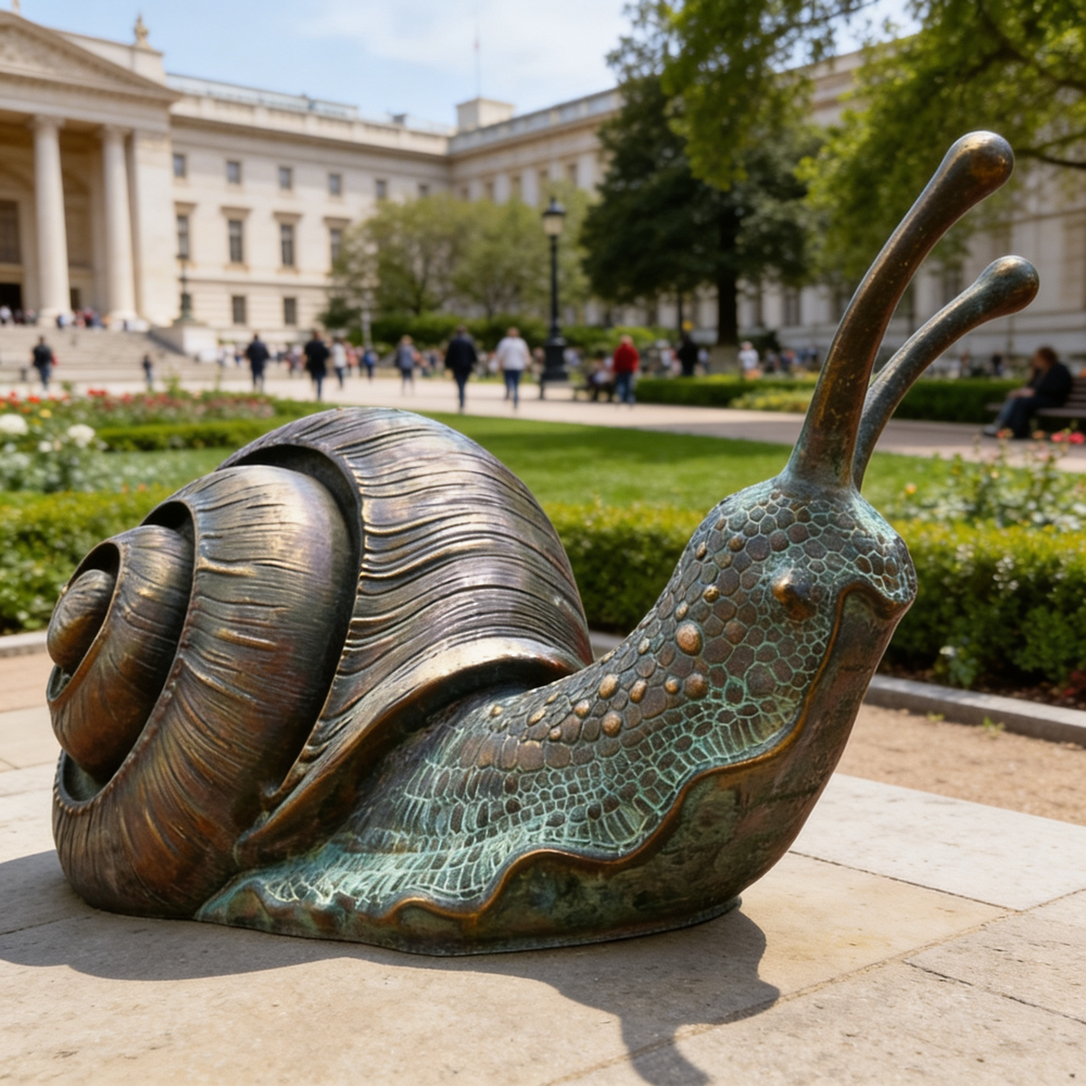Bronze snail sculpture in a park with people and buildings in the 
background
Metal snail sculpture showcasing layered shell design and detailed body