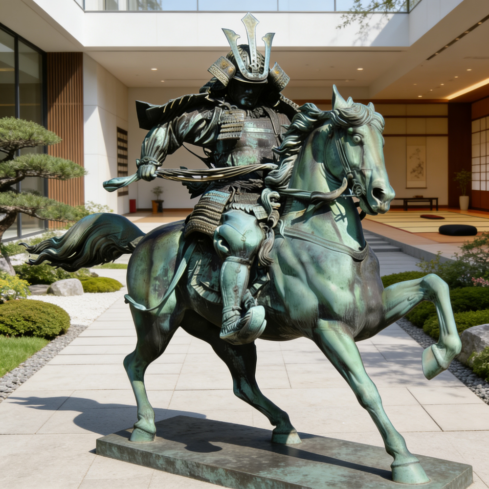 Bronze statue of a samurai on horseback in front of a modern building.
Metal statue of a samurai riding a horse in a dynamic pose