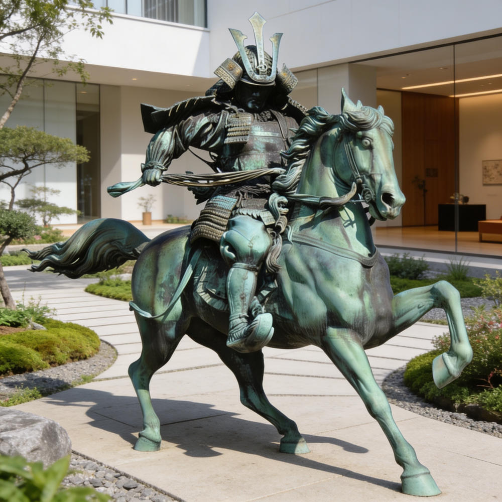 Bronze statue of a warrior on horseback in front of a building
Bronze Japanese warrior on horse with realistic musculature and motion