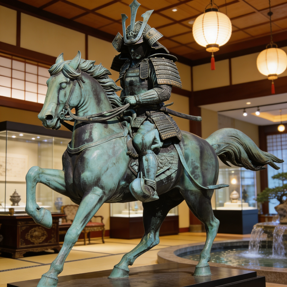 Statue of a samurai on horseback in an indoor setting with decorative elements.
Sculpture of samurai riding a horse with traditional weapon and armor