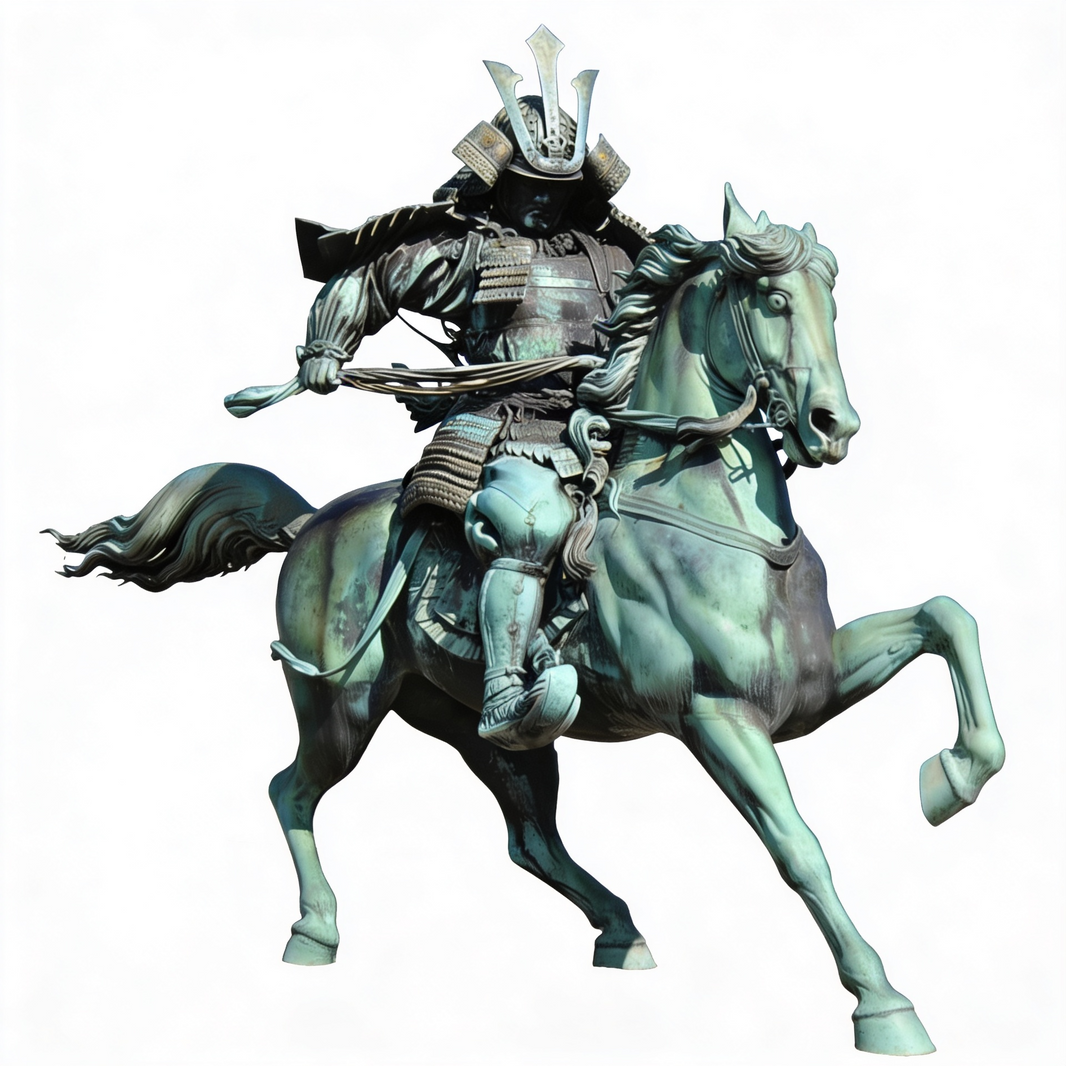 Statue of a samurai on horseback with a white background
Bronze samurai warrior on horseback sculpture with detailed armor.