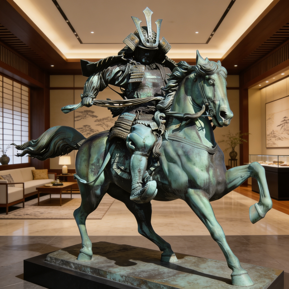 Bronze statue of a samurai on horseback in an indoor setting
Detailed bronze samurai figure wearing traditional armor on horseback