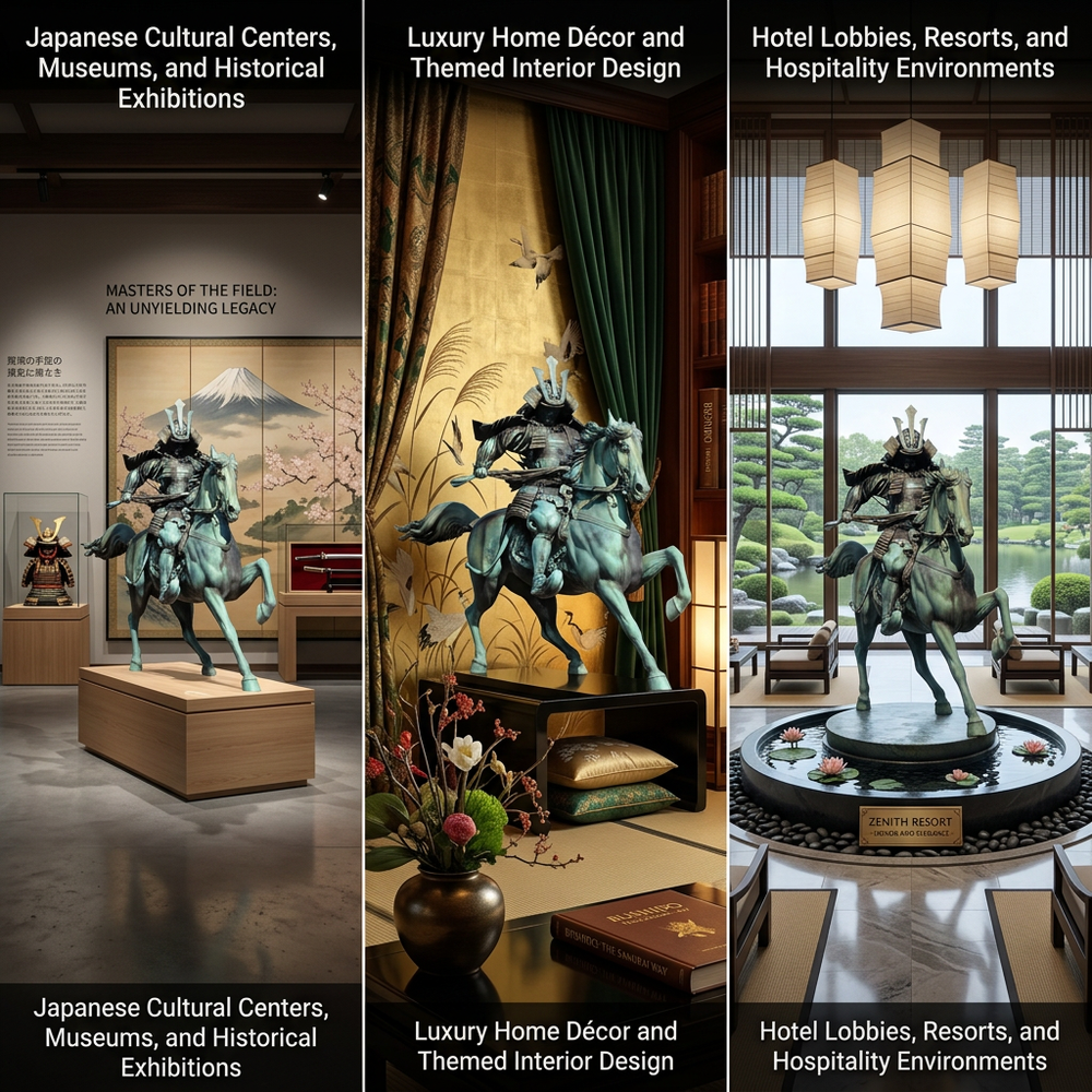 Collage of a Japanese cultural display, home decor, and hotel lobby with decorative statues.
Samurai warrior sculpture with kabuto helmet and raised‑leg horse
