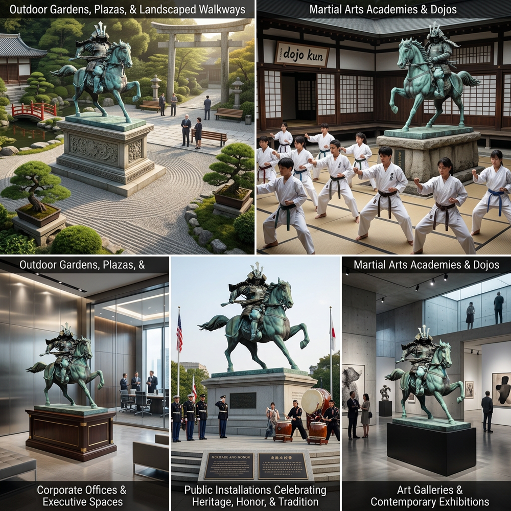 Collage of a statue in various settings including outdoor gardens, martial arts academies, corporate offices, and art galleries.