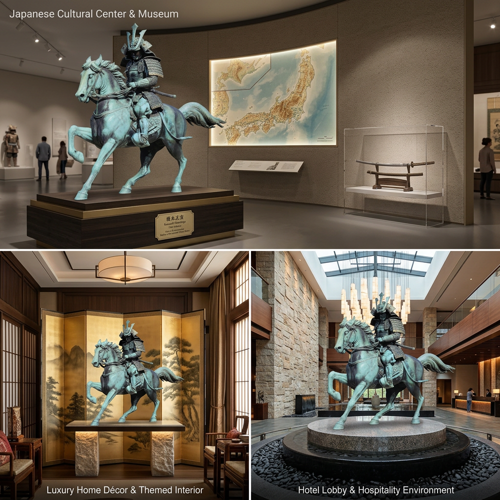 Statue of a samurai on horseback in a museum setting, with additional views in a home decor and hotel lobby.
Metal samurai and horse sculpture with intricate armor detailing.”

