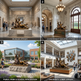 Collage of a bronze statue in various settings including a museum, government building, public park, and university lobby.