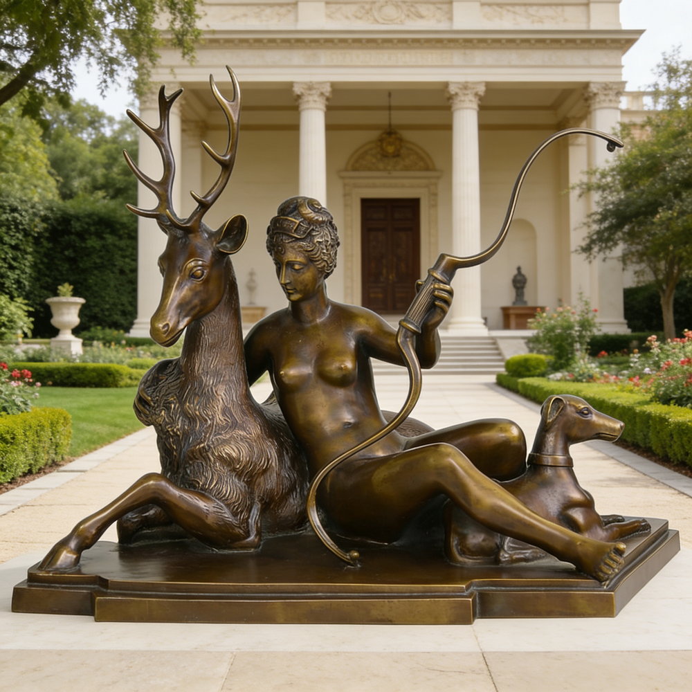 Bronze sculpture of a woman with a deer and dog in front of a classical building