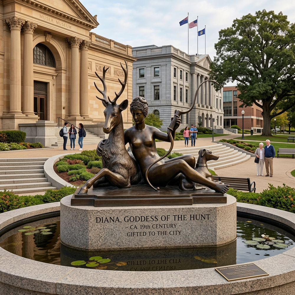Statue of Diana, Goddess of the Hunt, in front of a large building with people walking around.