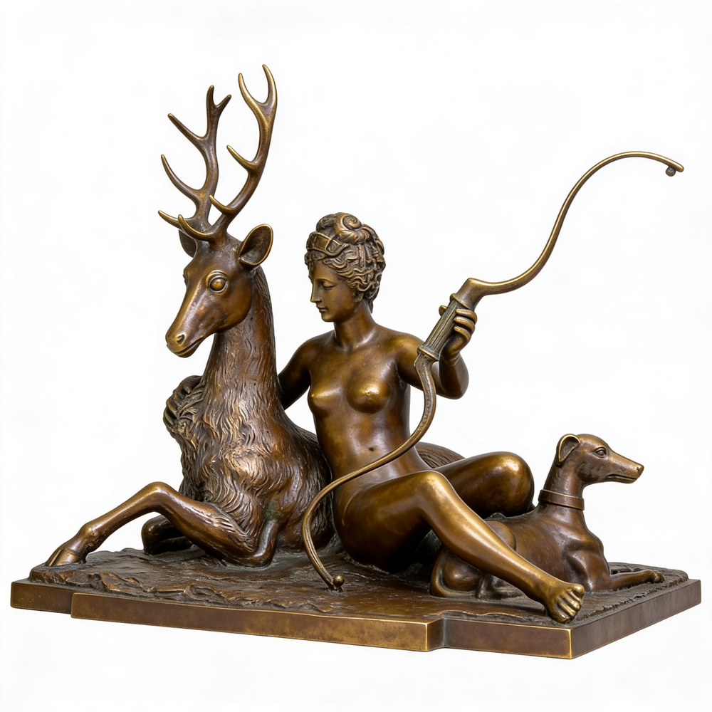 Bronze statue of a woman with a deer and a dog on a white background