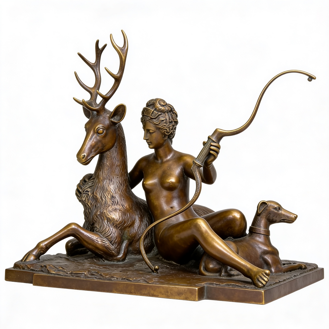 Bronze statue of a woman with a deer and a dog on a white background