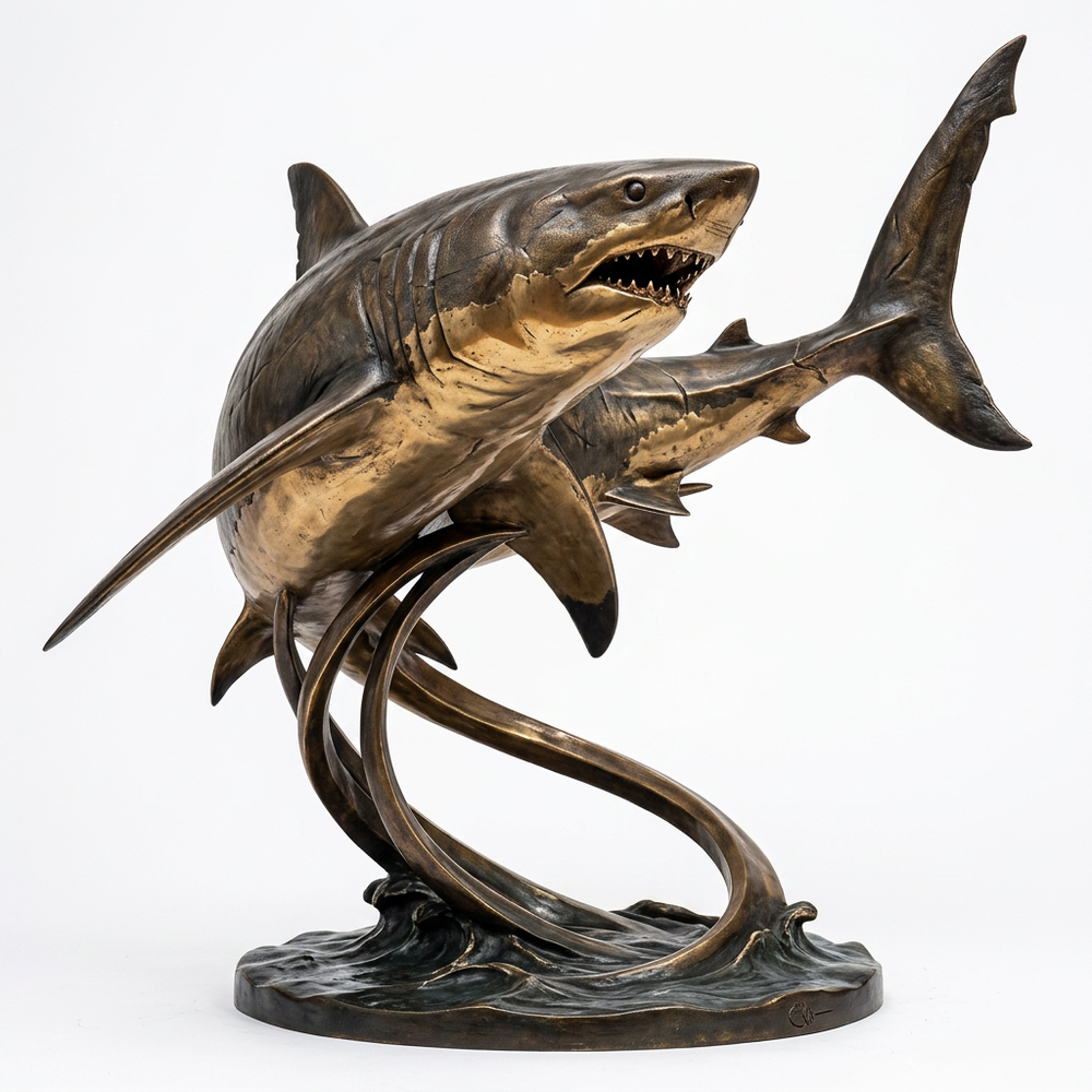 Bronze sculpture of a shark on a white background
Bronze marine predator sculpture featuring two sharks in fluid motion.