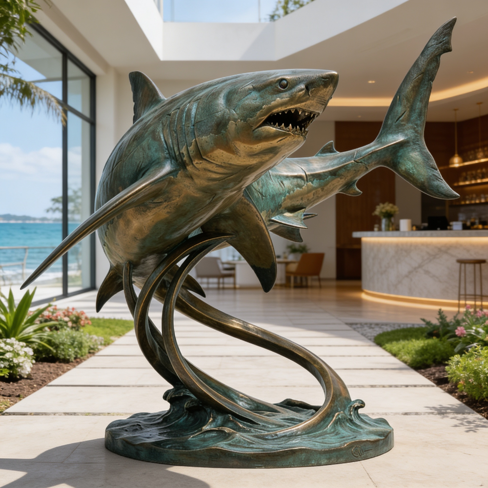 Bronze shark sculpture in a modern outdoor setting with a view of the 
ocean.
Bronze sculpture of two sharks swimming through stylized waves
