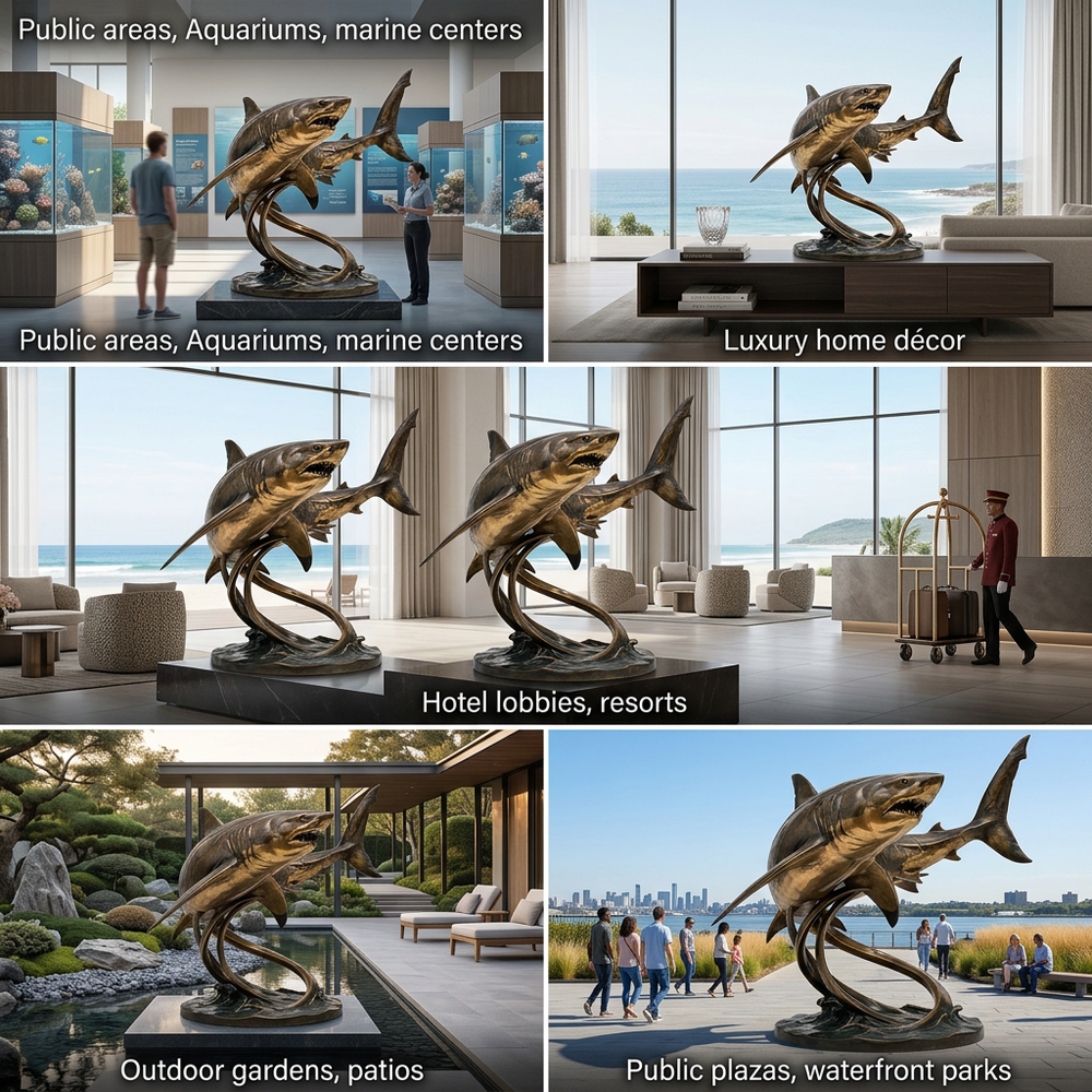 Collage of a shark sculpture in various settings, including public areas, aquariums, and luxury homes.
Metal shark duo statue featuring curved wave‑like supports