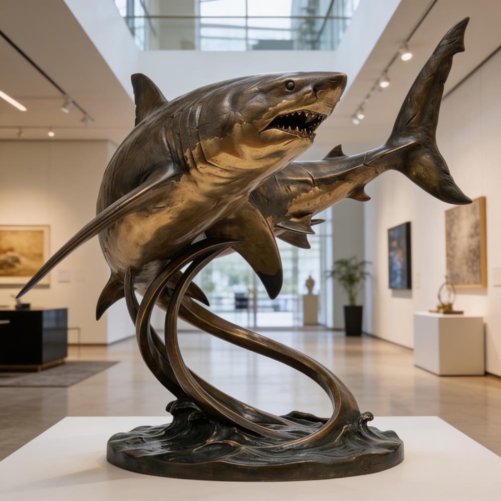 Bronze sculpture of a shark in an indoor gallery setting
Sculpture of two sharks leaping through abstract bronze waves